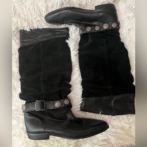 DINGO Black Leather & Suede Silver Coin Strap Slouchy Knee High Pointy Toe Boots